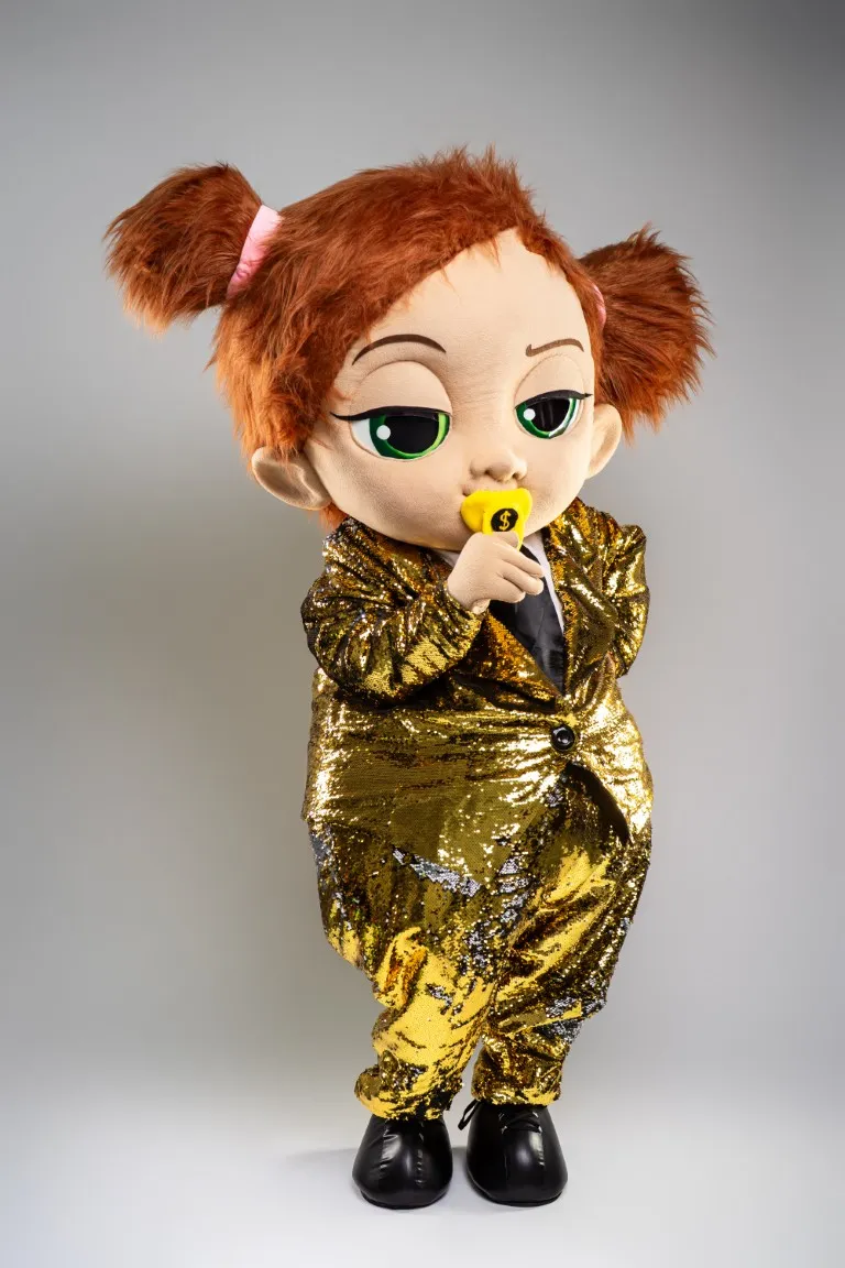 inchiriere mascota Baby Boss fată Seeria Events, costum auriu elegant pentru petreceri tematice și evenimente pentru copii