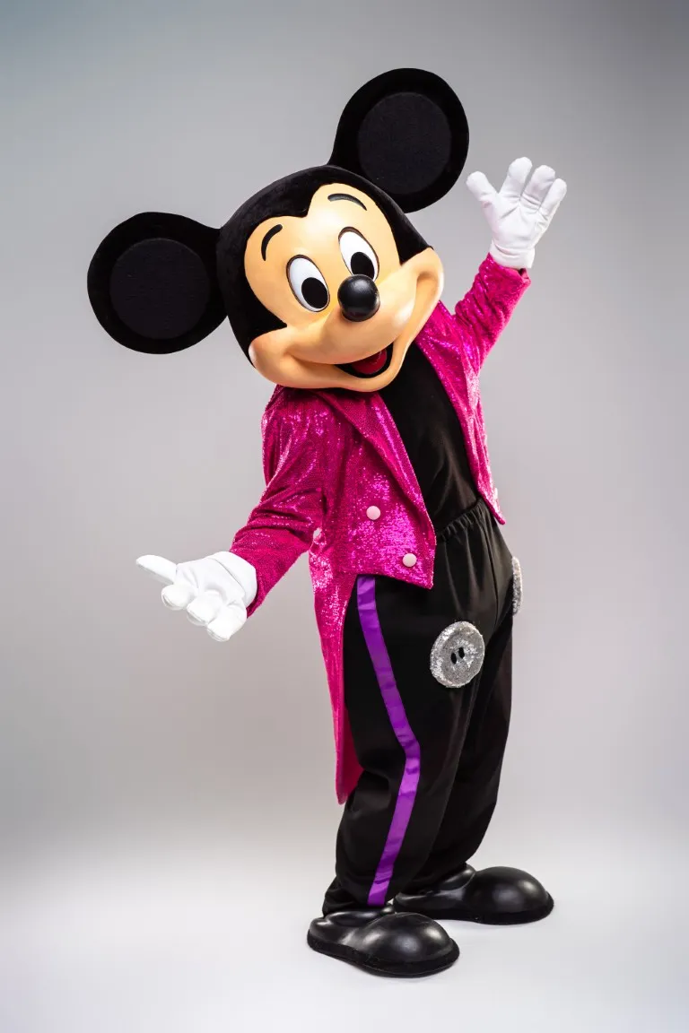 inchiriere mascota Mickey Mouse Seeria Events, costum roz/mov autentic Disney pentru petreceri copii și evenimente tematice